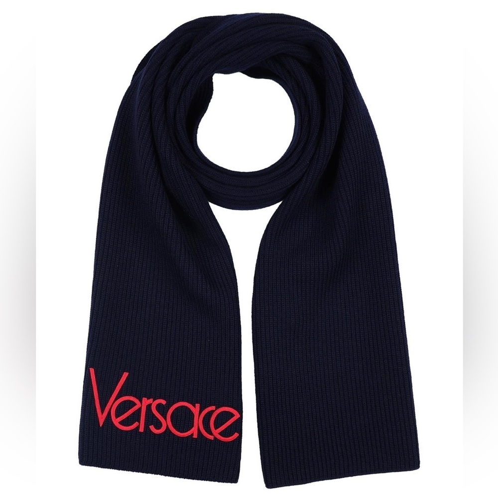 VERSACE Navy Wool Chunky Knit Cozy Scarf  New with Tags Authenticity Guaranteed